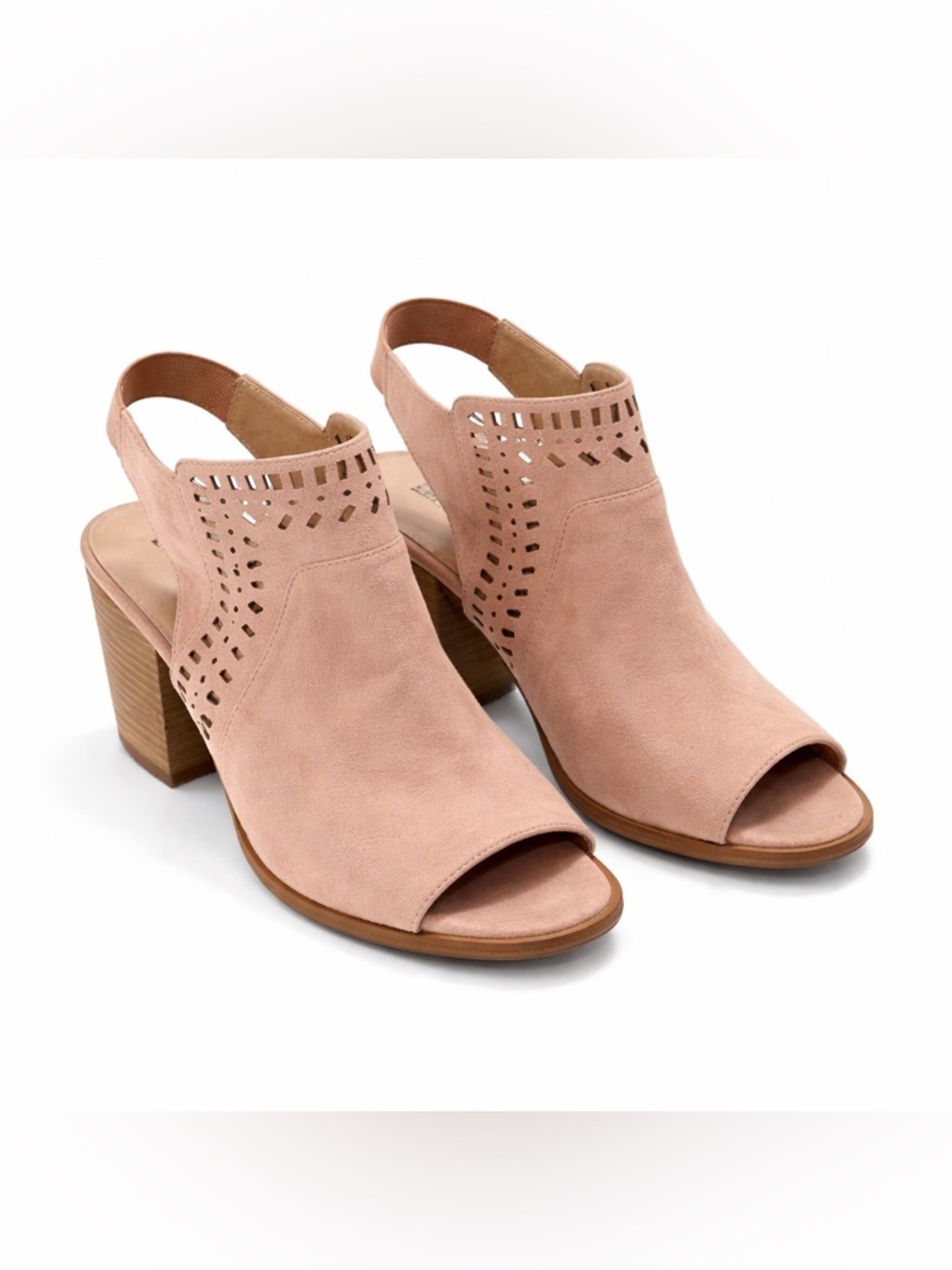 Festival ready! Restricted Blush Pink Laser-Cut Slingback Block Heels Boho style